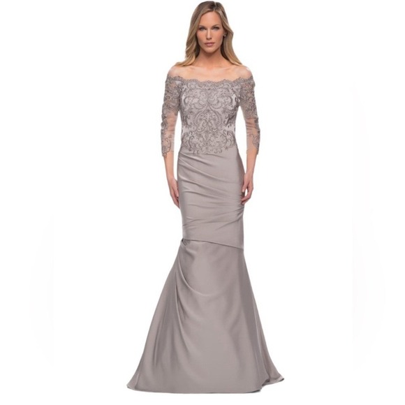La Femme Dresses & Skirts - New! La Femme 29324 Satin Mermaid Gown with‎ Off the Shoulder Lace Size 18 $498